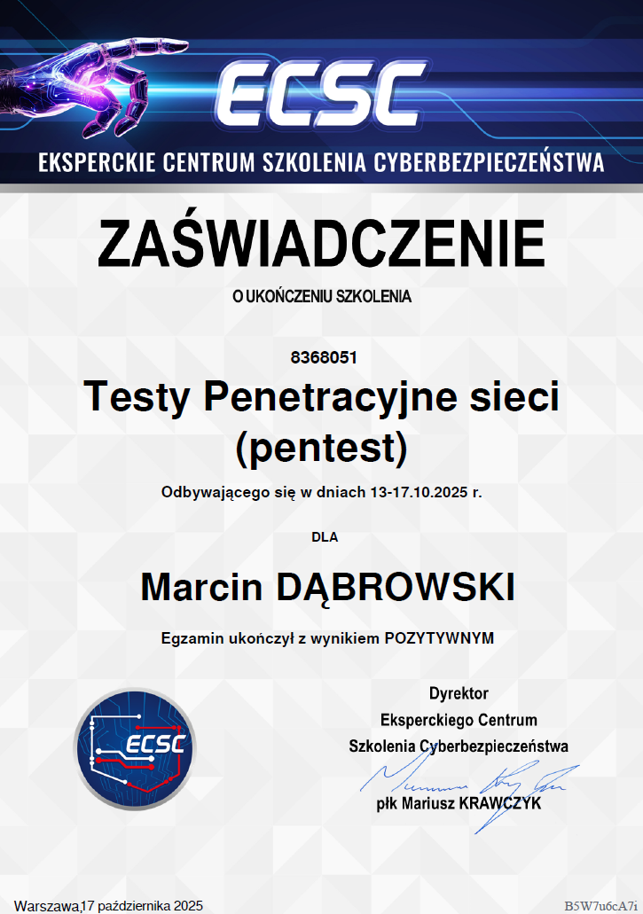 Certificate from the Expert Center for Cybersecurity Training (ECSC) certifying successful completion of network penetration testing (pen test) from October 13 to 17, 2025, awarded to Marcin Dąbrowski.