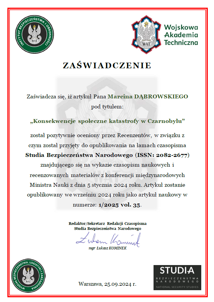Official certificate of acknowledgment for an article by Marcin Dąbrowski about social consequences of the Chernobyl disaster, published in the National Security Studies journal, signed by Lukasz Kominek, dated September 25, 2024.