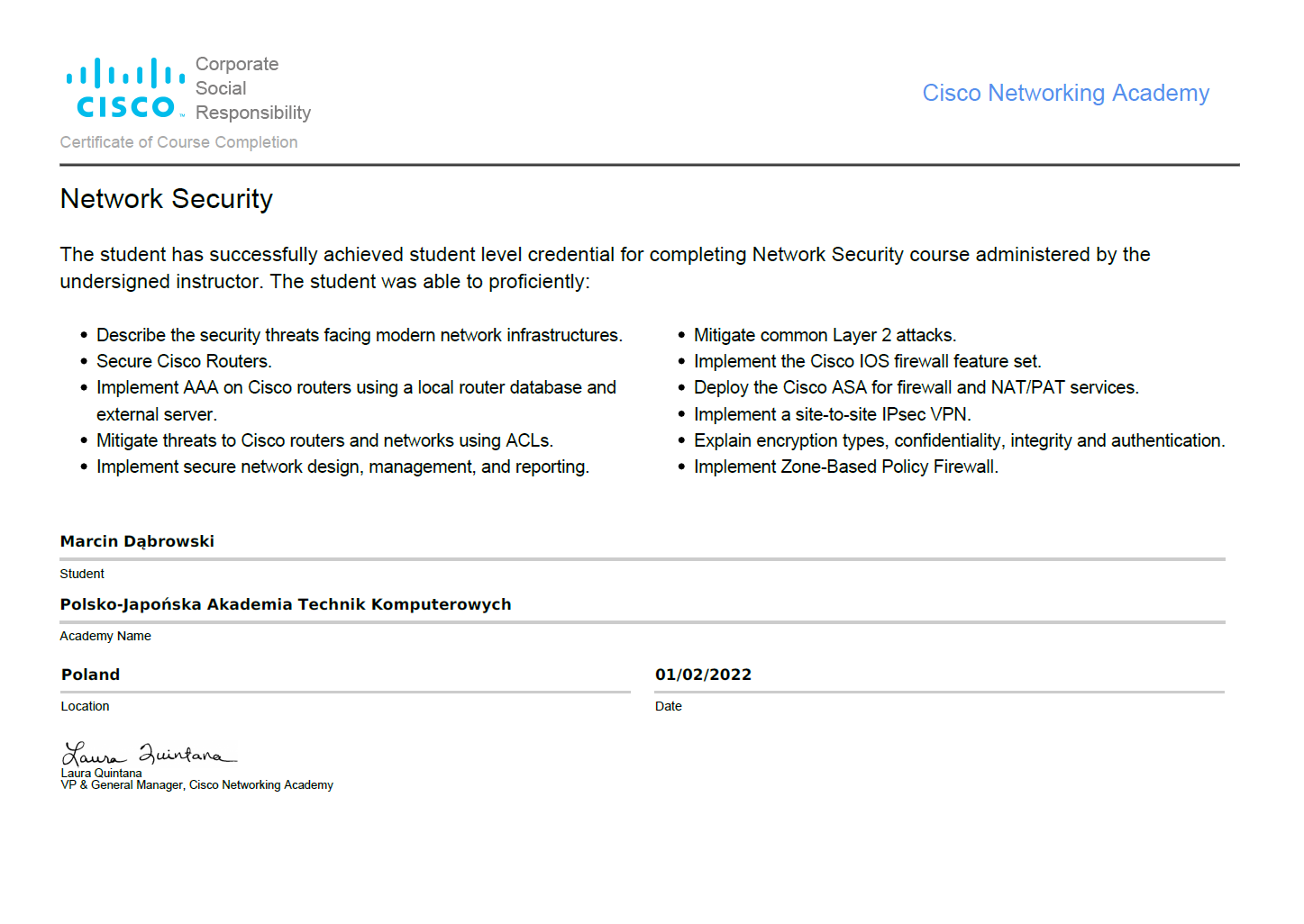 Certificate of Course Completion for Network Security from Cisco Networking Academy awarded to Marcin Dabrowski, a student at Polsko-Japońska Akademia Technik Komputerowych in Poland, dated 01/02/2022, signed by Laura Quintana.