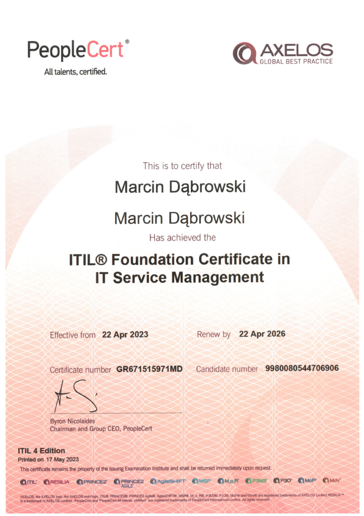 Certificate from PeopleCert and AXELOS recognizing Marcin Dąbrowski's achievement of ITIL Foundation Certification in IT Service Management, effective April 22, 2023, with a renewal date of April 22, 2026.