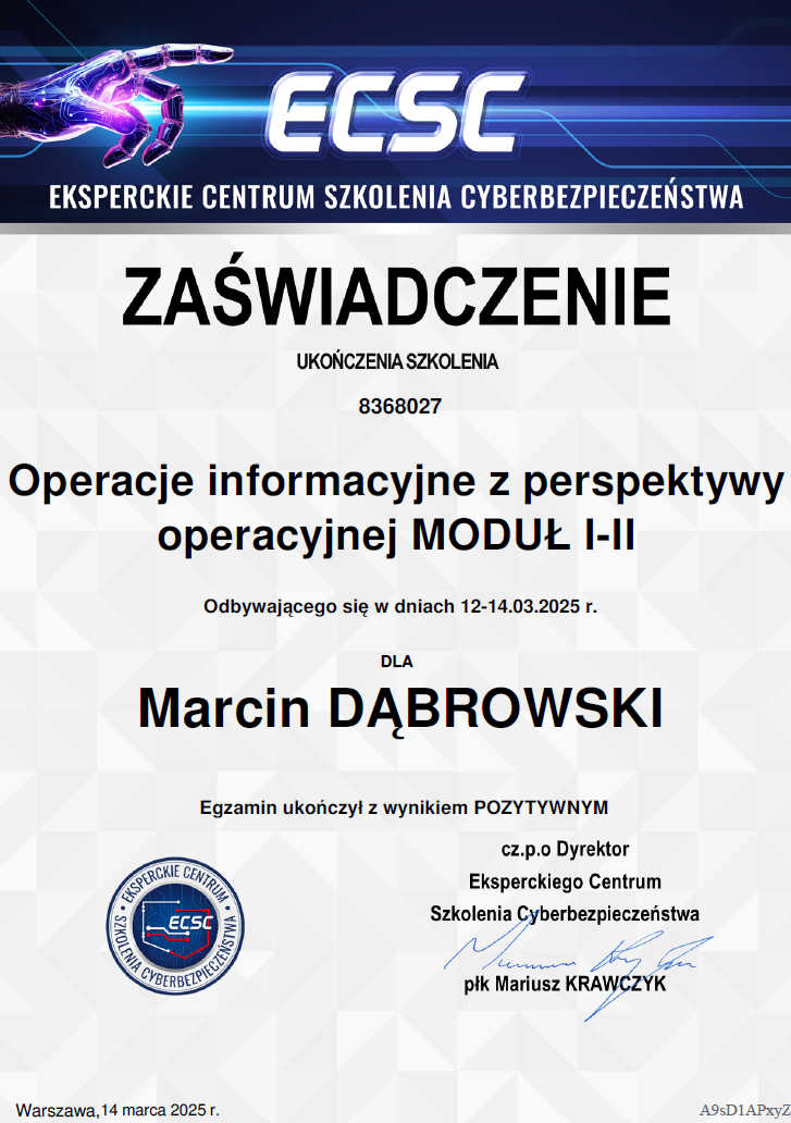 Cybersecurity training certificate issued to Marcin Dąbrowski by ECSC (Eksperckie Centrum Szkolenia Cyberbezpieczeństwa) for completed advanced operations module, signed by Mariusz Krawczyk in Warsaw, March 14, 2025.