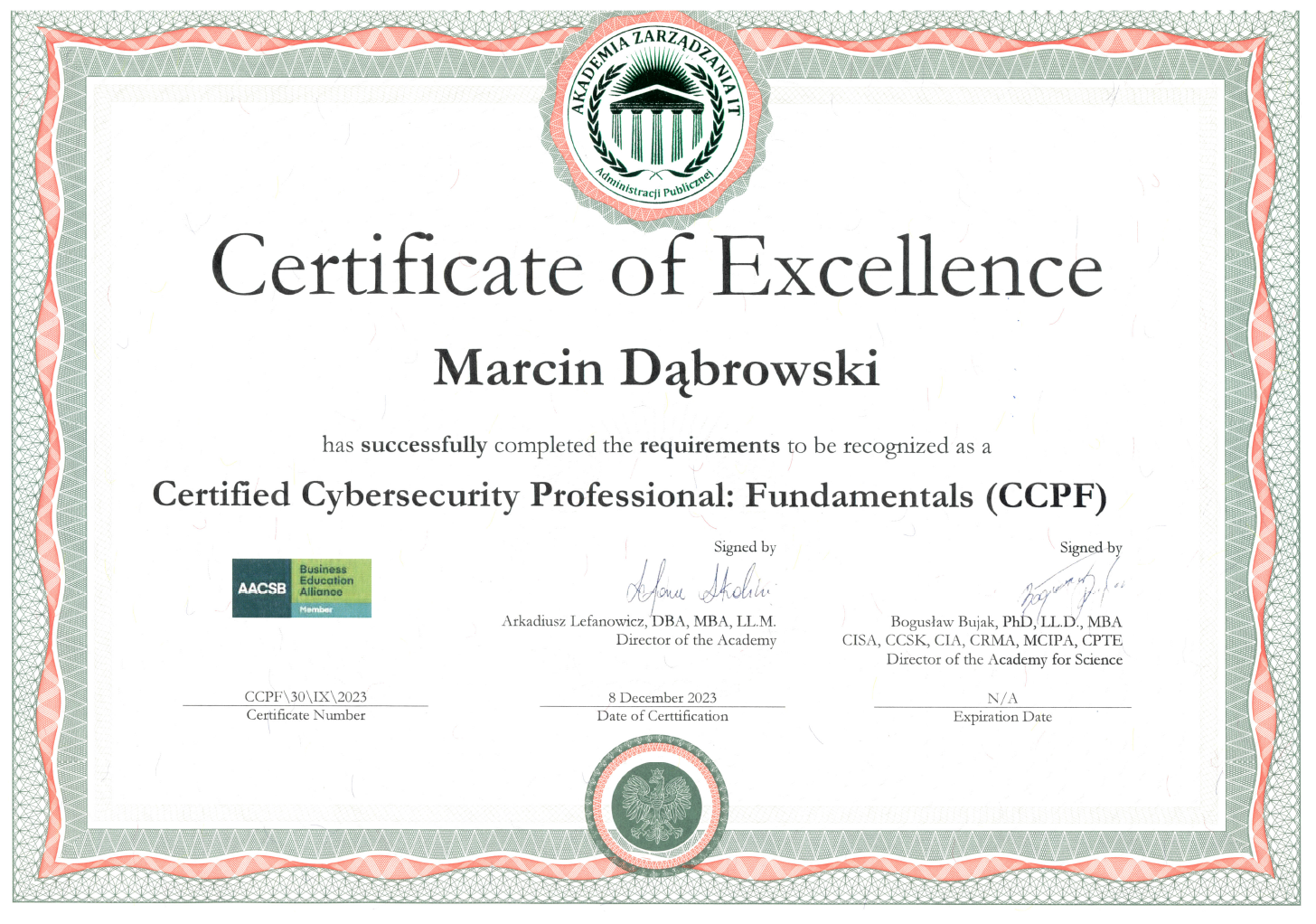 Certificate of Excellence awarded to Marcin Dąbrowski for completing requirements as a Certified Cybersecurity Professional: Fundamentals (CCPF), issued by the Academy of Zarządzania IT, signed by Arkadiusz Lefanowicz and Bogusław Bujak, dated December 8, 2023.