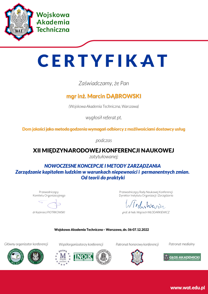 Certificate issued by the Military Technical Academy in Warsaw to Mgr inż. Marcin DĄBROWSKI for his presentation at the XII International Scientific Conference on modern concepts and management methods.