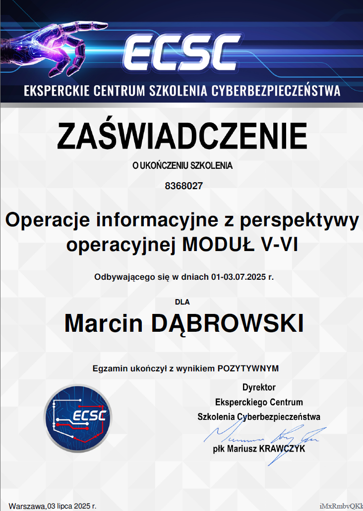 Certificate of completion for a cybersecurity training course from the Expert Center for Cybersecurity Training, issued to Marcin Dąbrowski, dated July 3, 2025.