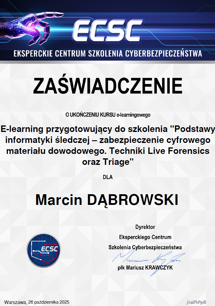 Certificate of completion from ECSC Cybersecurity Training Center awarded to Marcin Dąbrowski, signed by Mariusz Krawczyk, issued in Warsaw on October 26, 2025, for a course on digital forensics techniques.