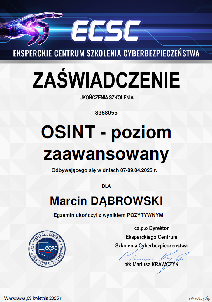 Certificate of completion for advanced OSINT training issued by the Cybersecurity Training Center, awarded to Marcin Dąbrowski, signed by Colonel Mariusz Krawczyk, dated April 9, 2025.