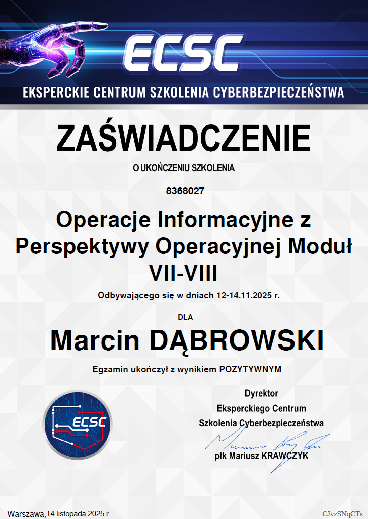 Certificate of completion for a cybersecurity training course in Poland, awarded to Marcin Dąbrowski, issued by ECSC, with a digital signature and a logo at the bottom left corner.