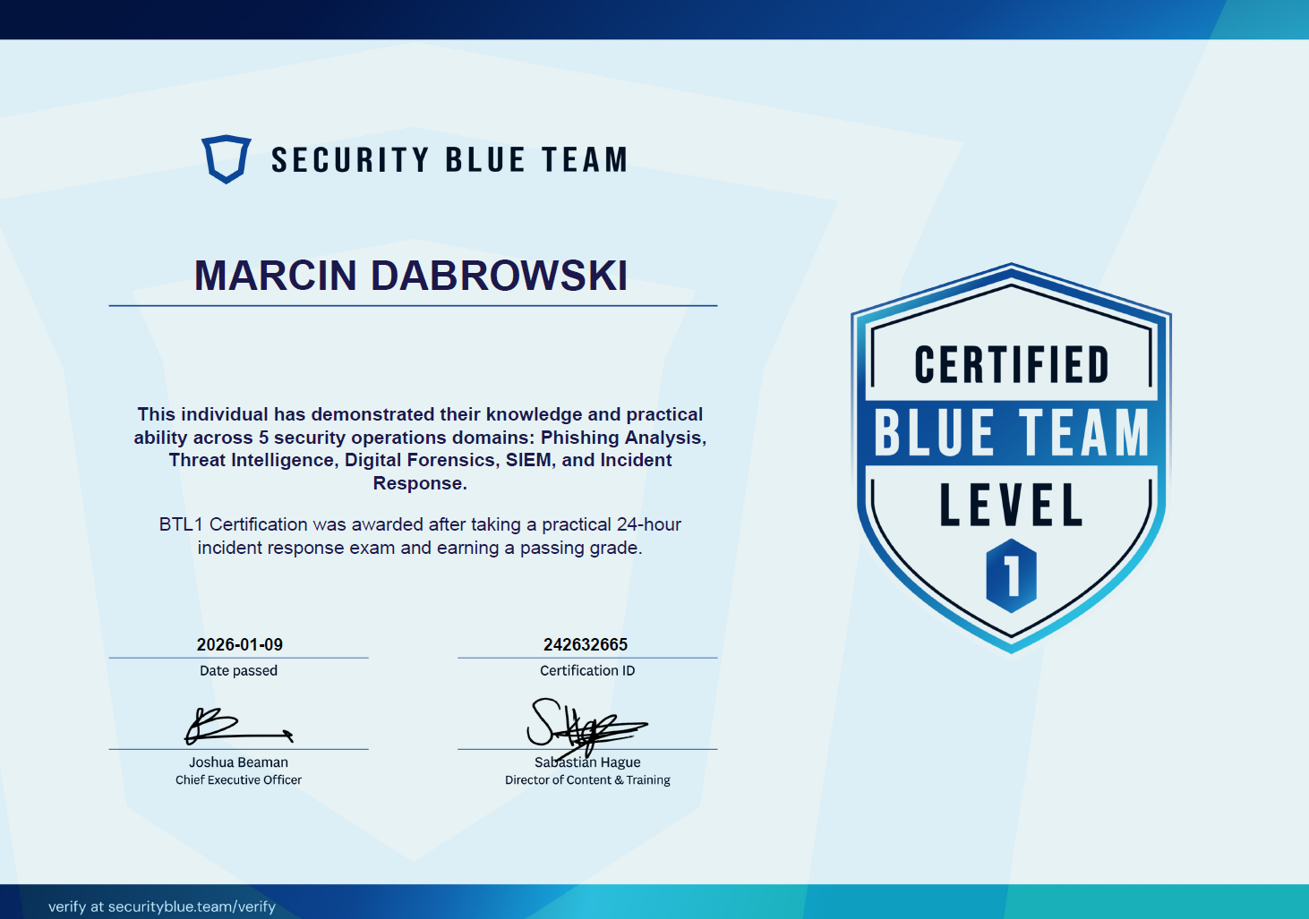 Certificate for Marcin Dabrowski, Security Blue Team, Level 1 Certified Blue Team, awarded after passing a 24-hour incident response exam. Includes signatures, date, and certification ID, with a shield emblem on the right side.