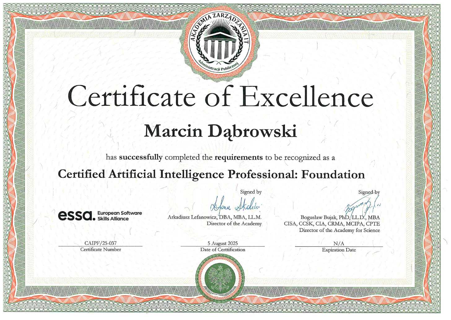 Certificate of Excellence awarded to Marcin Dąbrowski for completing requirements as a Certified Artificial Intelligence Professional: Foundation, signed by Arkadiusz Lefanowicz and Bogusław Bujak, issued on August 5, 2025.