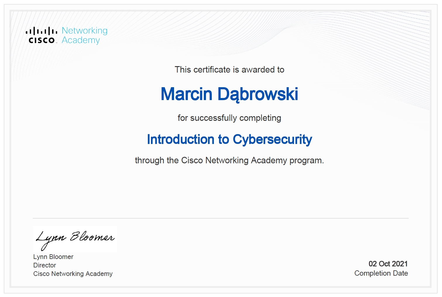 Certificate of completion awarded to Marcin Dębowski for successfully completing the Introduction to Cybersecurity course through Cisco Networking Academy, dated October 2, 2021.