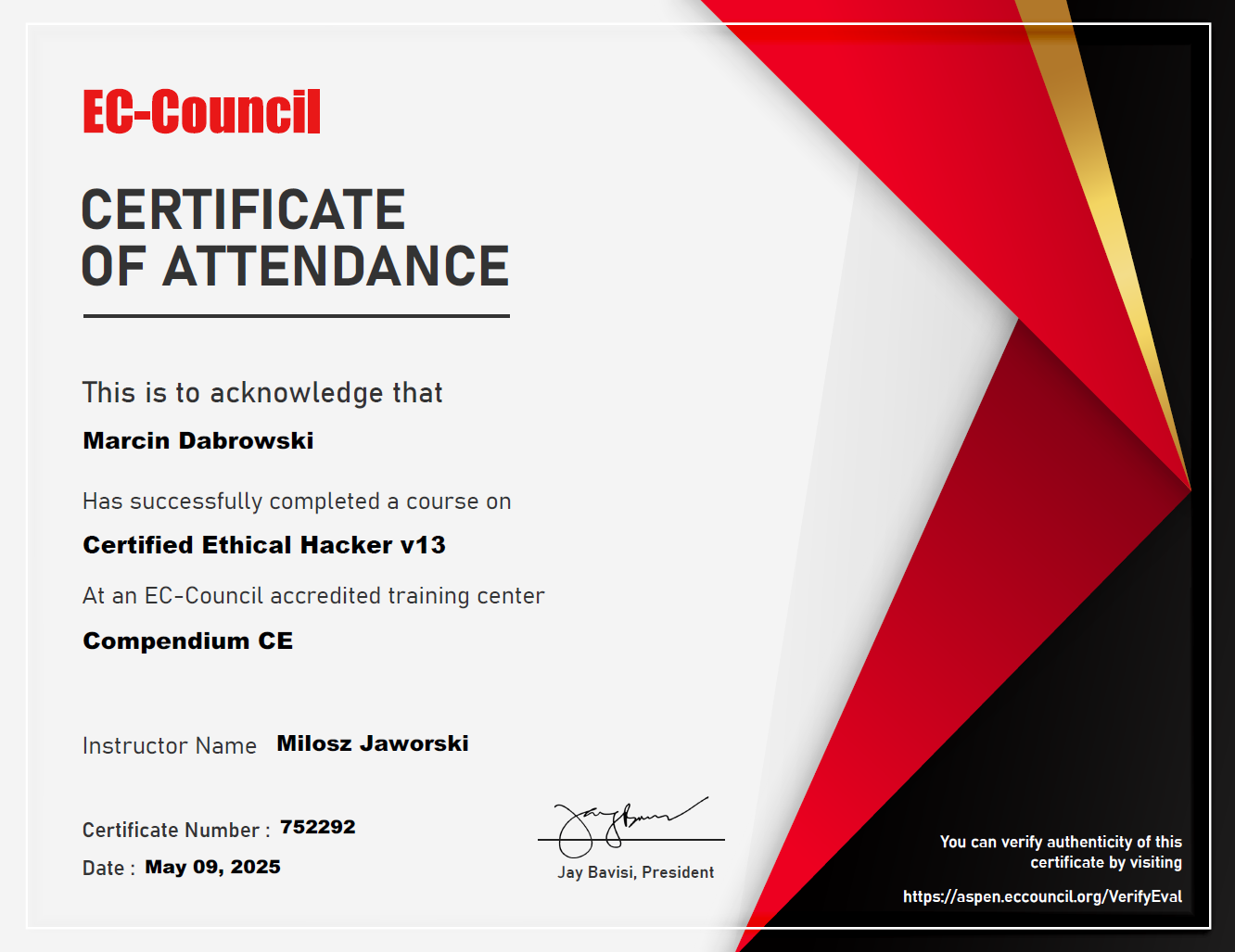 Certificate of attendance awarded to Marcin Dabrowski for completing a course on Certified Ethical Hacker v13 at an EC-Council accredited training center, signed by Jay Bavisi, and dated May 09, 2025.