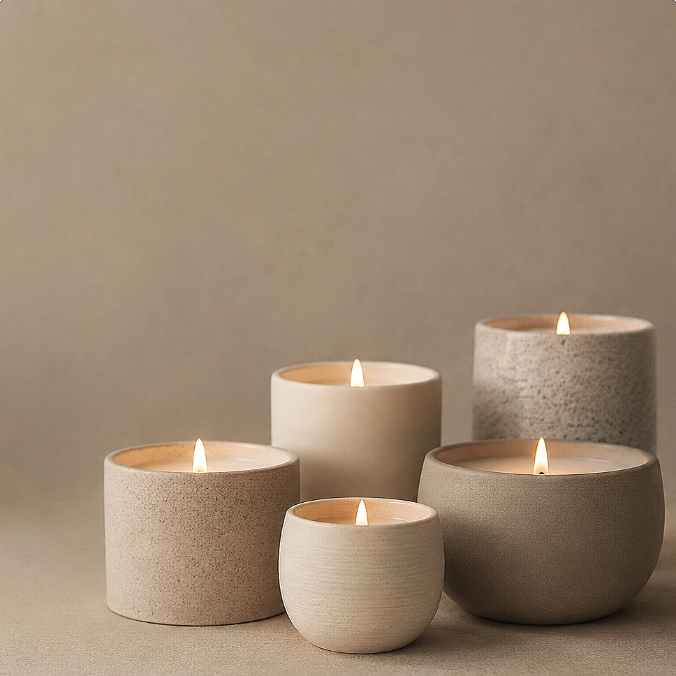 Five lit Gavers candles in neutral-colored ceramic holders on a beige surface with a plain beige background.