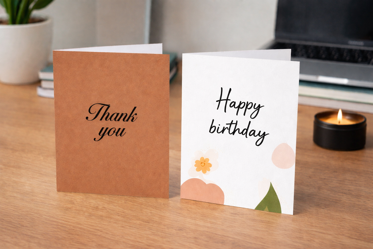 Two Gavers greeting cards, one says "Thank you" and the other says "Happy birthday", placed on a wooden table with a small lit candle nearby.