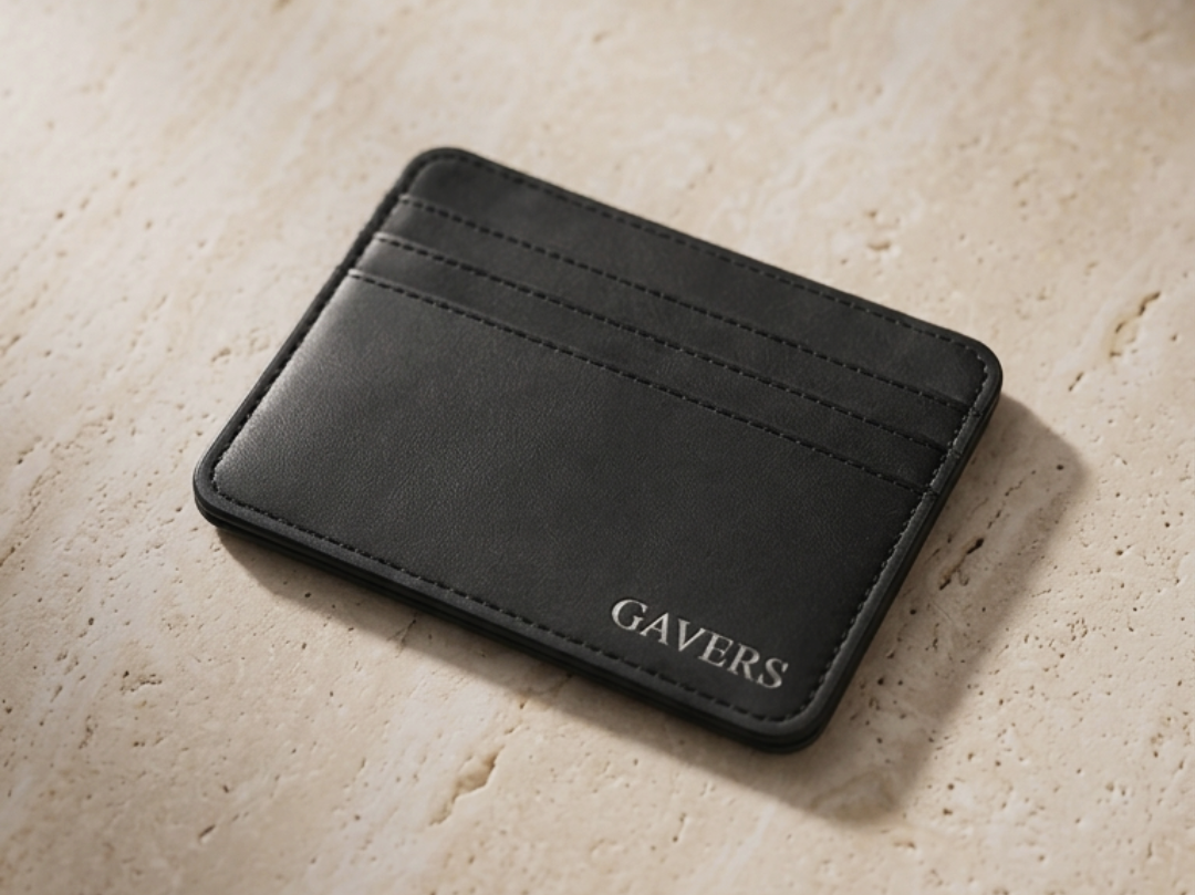 Black PU leather Gavers Clapton gift cardholder with three card slots, branded with GAVERS logo, placed on a light-colored surface.