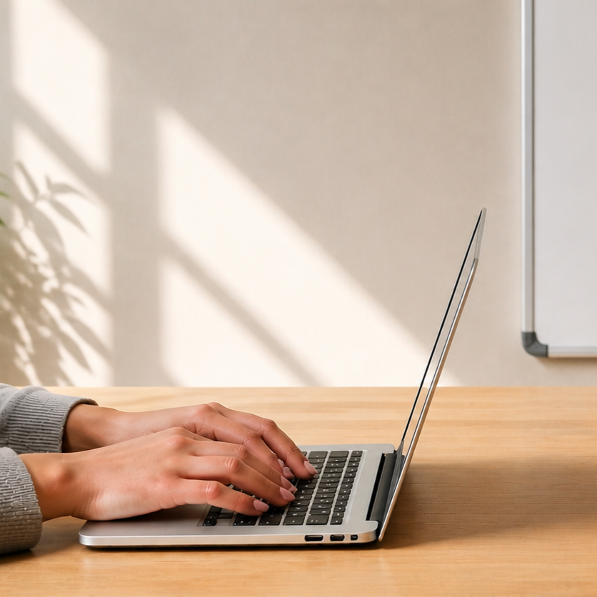 Person typing on a laptop at a wooden desk with a white wall and a plant to the side.