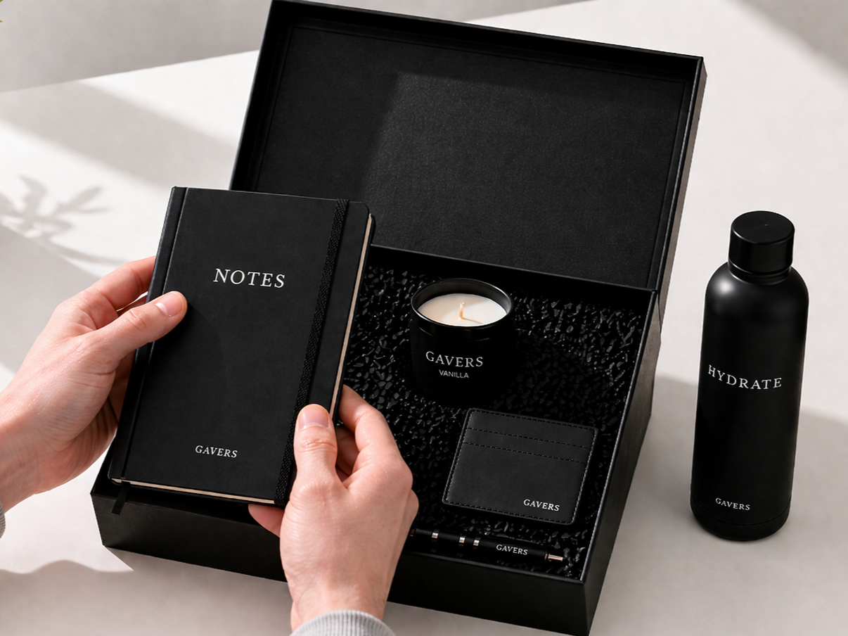 A black gift box containing a candle, notebook, wallet, and pen, with a black water bottle labeled 'Hydrate' beside it. Someone is holding the notebook and looking at the gift set.