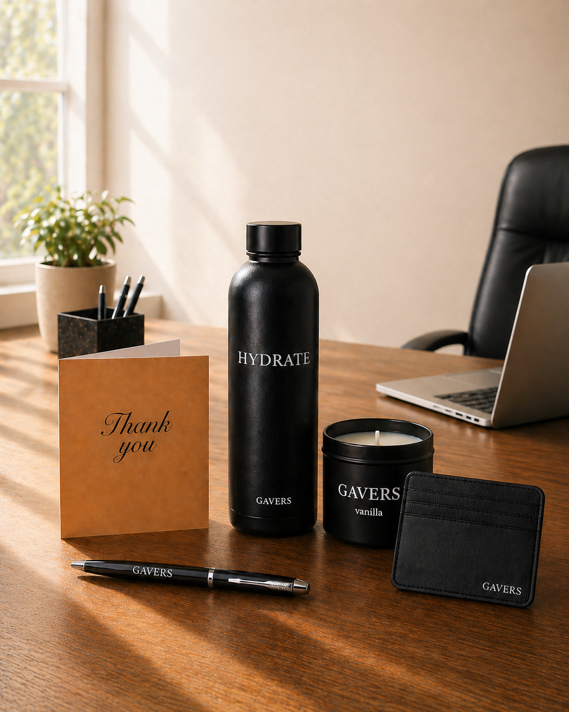 A desk with a black thermal water coffee  bottle labeled "HYDRATE," a candle labeled "GAVERS vanilla," a thank you card, a black pen, a small black unisex wallet, a laptop, a pen holder with pens, and a potted plant near a window.