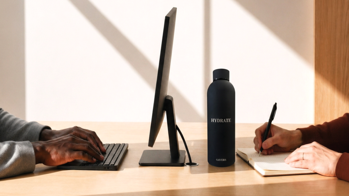 Office desk with a person typing on a keyboard, another person writing in a notebook, a computer monitor, a black water bottle labeled 'HYDRATE,' and a wooden wall background.