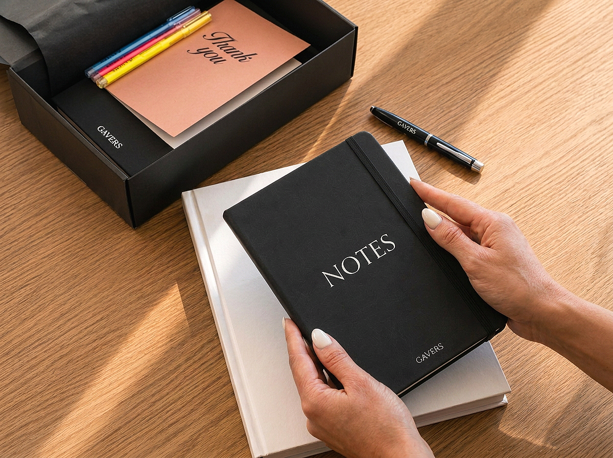 Hands holding a black notebook labeled "Notes" with a white book underneath, on a wooden surface with a pen nearby and a box of pens and a thank you card in the background.