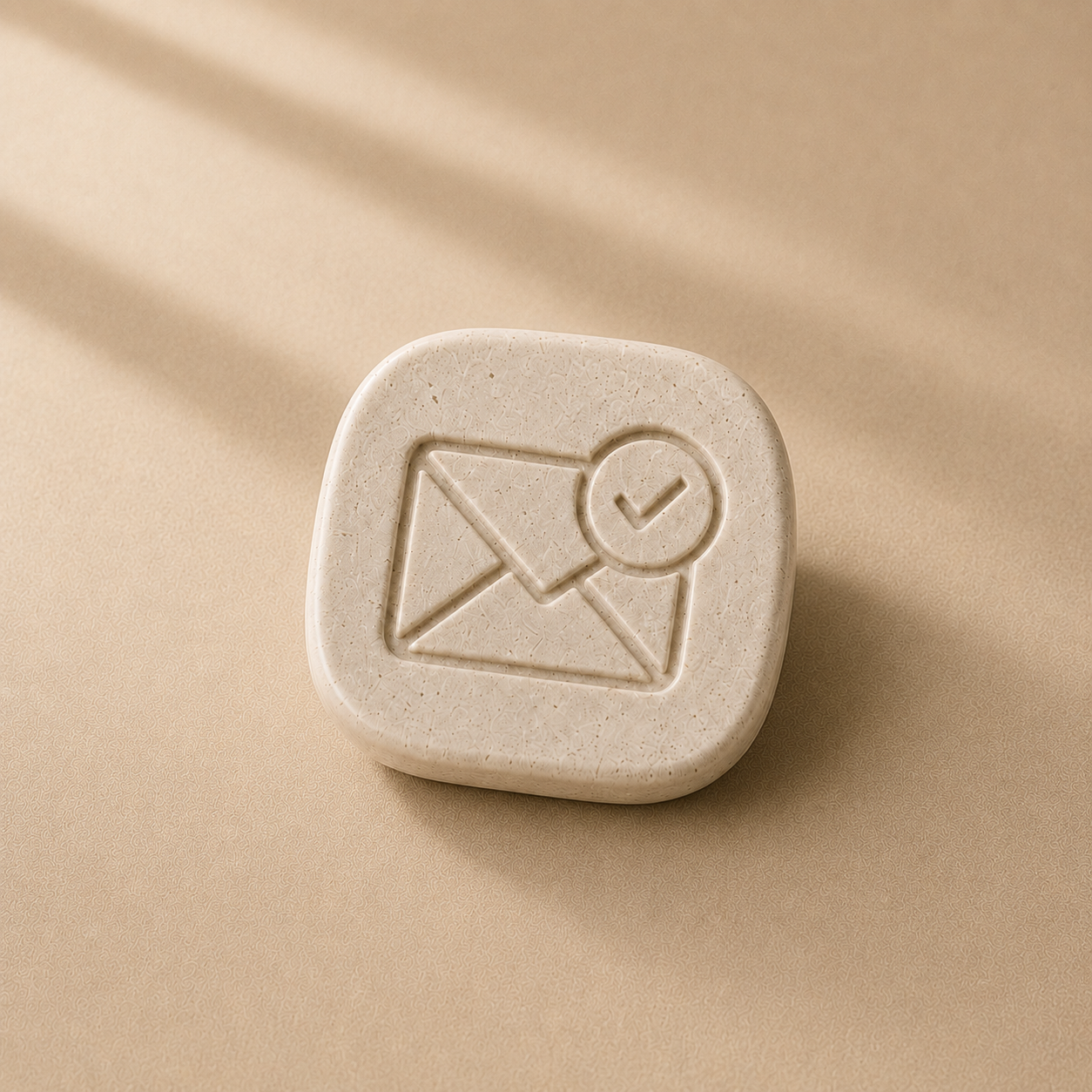 A beige, Gavers textured tile with an engraved email icon and a checkmark inside a circle, placed on a beige surface with shadows.