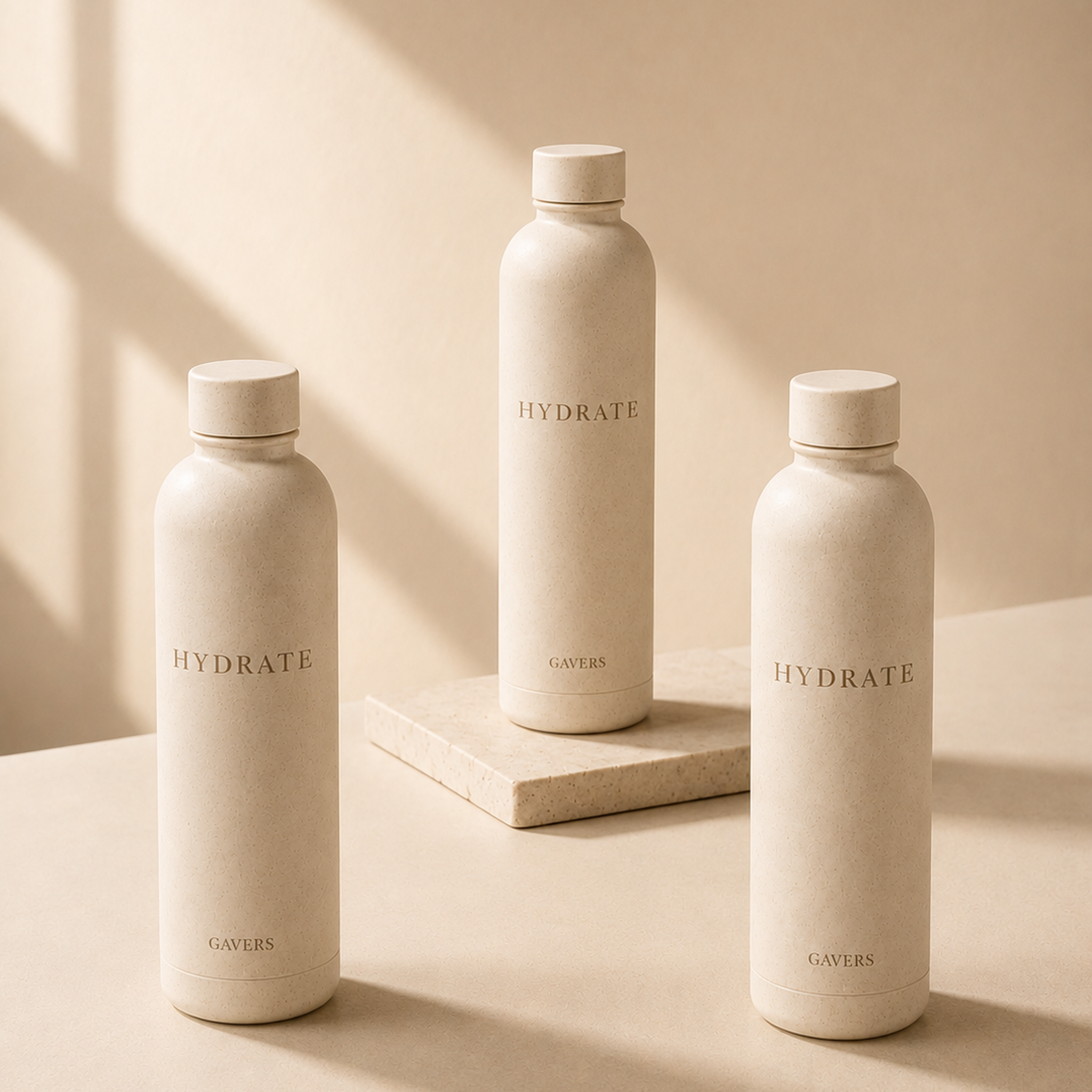 Three beige bottles with rounded caps arranged on a beige surface with soft shadows, labeled "HYDRATE" and "GAVERS".