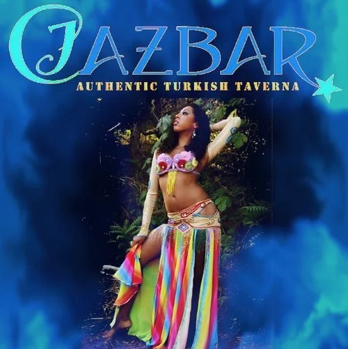 Sign reading "JAZBAR Authentic Turkish Taverna" with a woman in colorful traditional dress posing in front of a forest background.