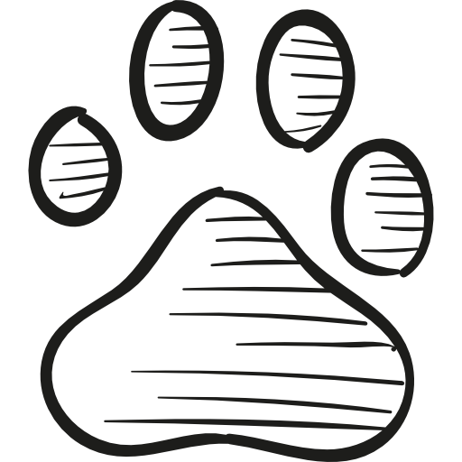 A black and white drawing of a dog paw print with four toes and a pad.