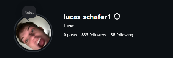 Close-up of a young man with a surprised or excited expression, with a circular profile picture and social media follower statistics below.