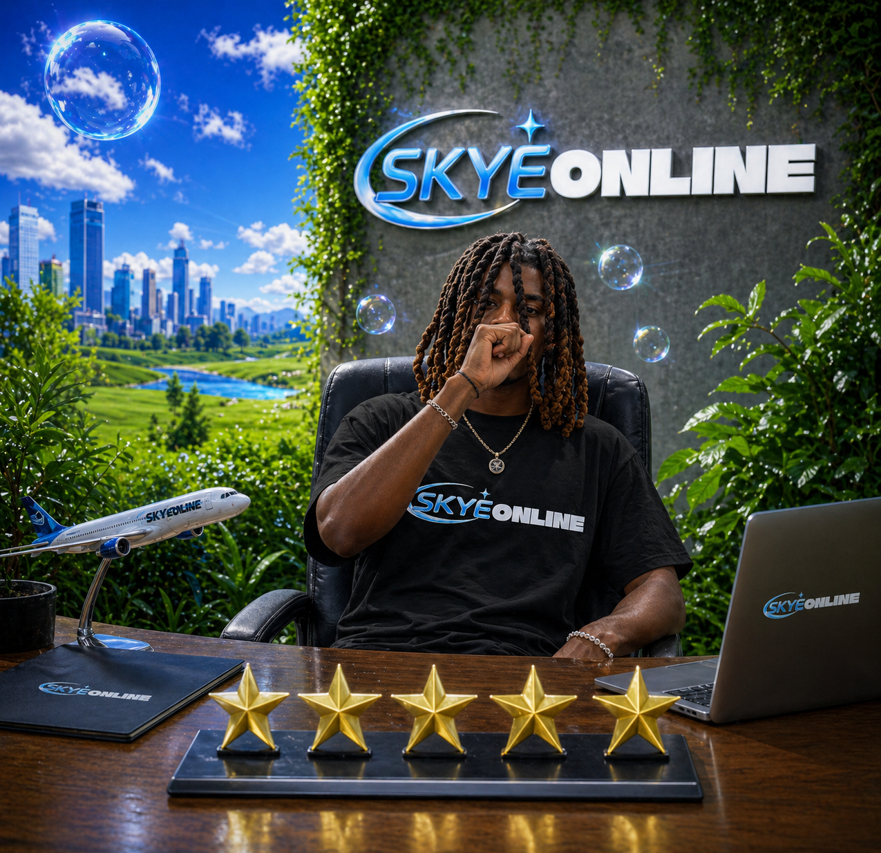 A person with dreadlocks sitting at a desk in front of a backdrop with 'SKYE ONLINE' signage, surrounded by greenery and cityscape imagery, wearing a black T-shirt with the same logo, with a model airplane and gold star awards on the desk.