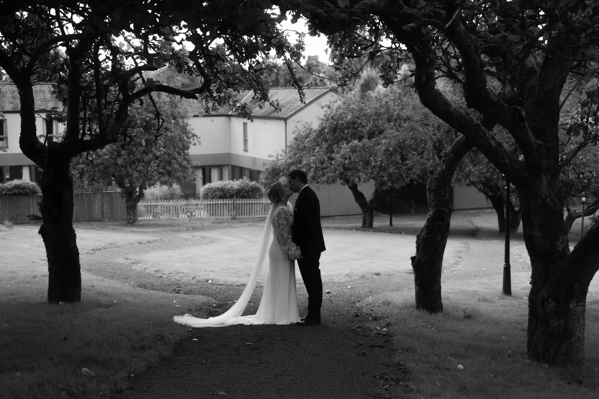 A black and white photo of a bride and groom standing close together under a tree, sharing a kiss, with houses and trees in the background.