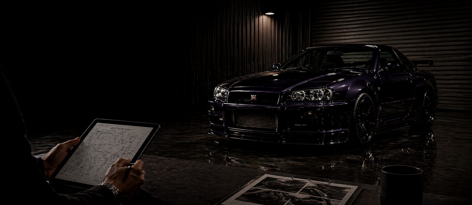 A dark-colored Nissan GT-R sports car inside a dimly lit garage, viewed from the front right side. A person is holding a tablet with an auction sheet, sitting at a desk with a photo of the car and a black mug nearby.