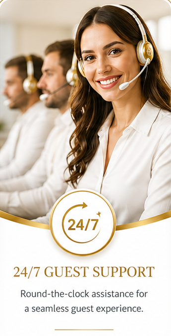 A woman in a white shirt smiling with three other customer support agents in the background, all wearing headsets, promoting 24/7 guest support for a seamless guest experience.