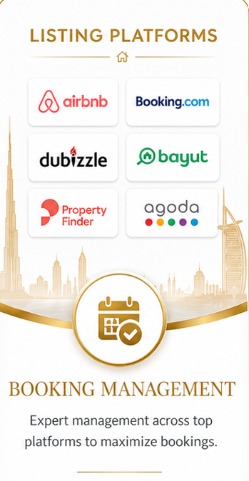 Icons of popular booking platforms Airbnb, Booking.com, Dubizzle, Bayut, Property Finder, and Agoda, with a city skyline background and a calendar icon, promoting booking management services.