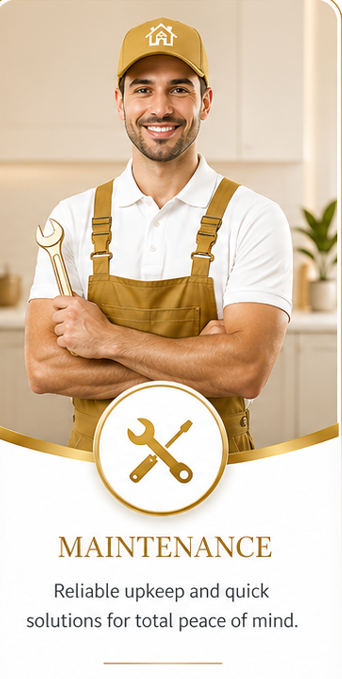 Man wearing a yellow cap and overalls, smiling, holding a wrench in a home setting with plants in the background, promotional graphic for maintenance services.