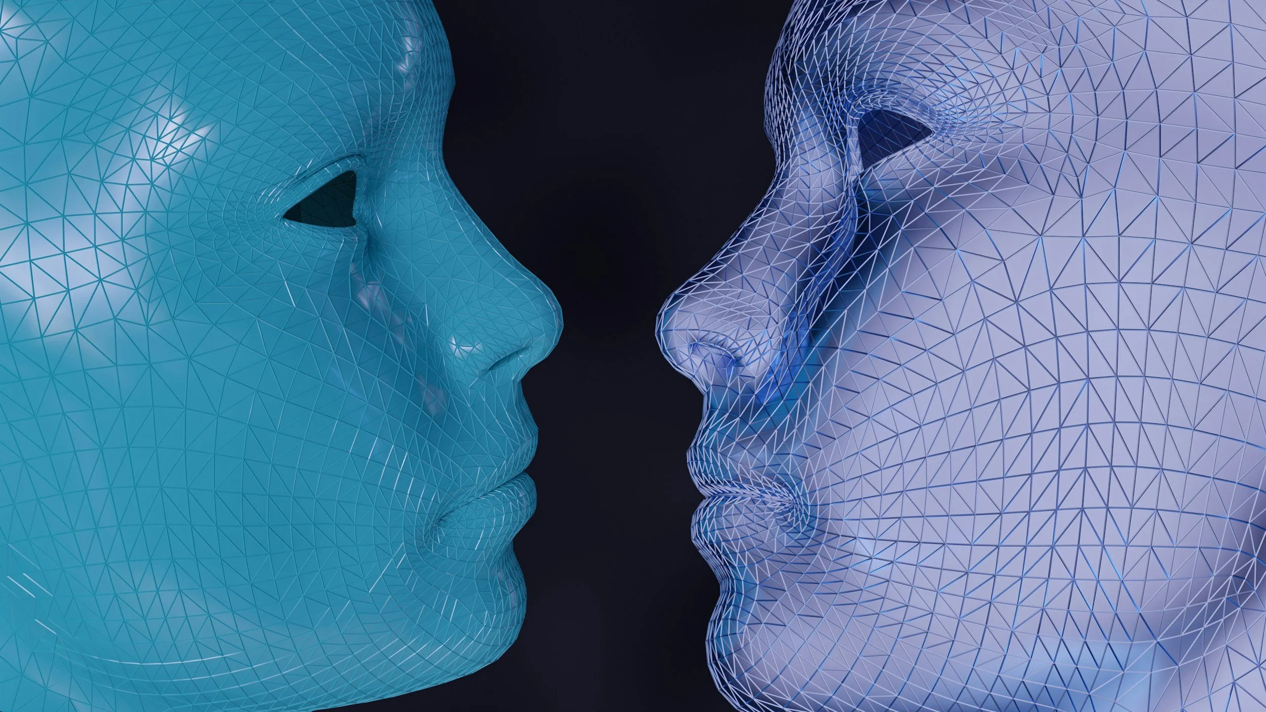 Digital illustration of two human faces made of interconnected geometric triangles, facing each other, with a dark background.