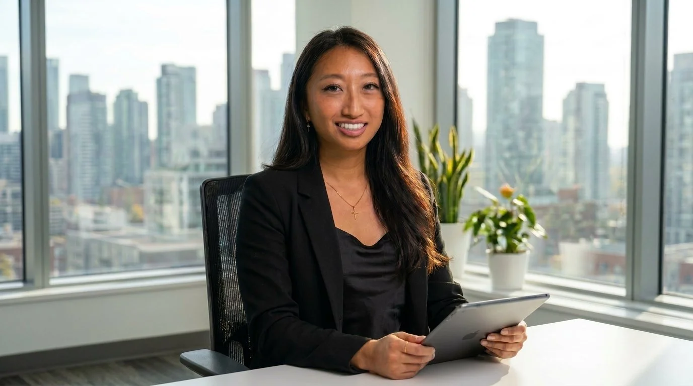 A professional woman with long dark hair sitting at a desk in an office, holding a tablet, with windows showing a city skyline in the background.