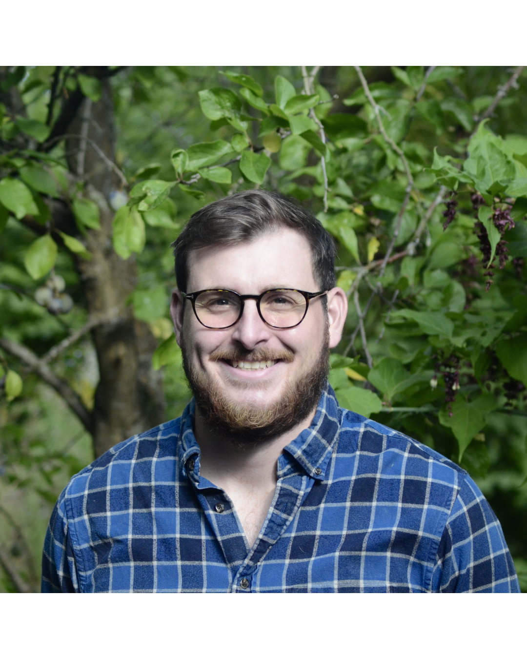 A man with glasses and a beard smiling outdoors, surrounded by green leaves and tree branches.