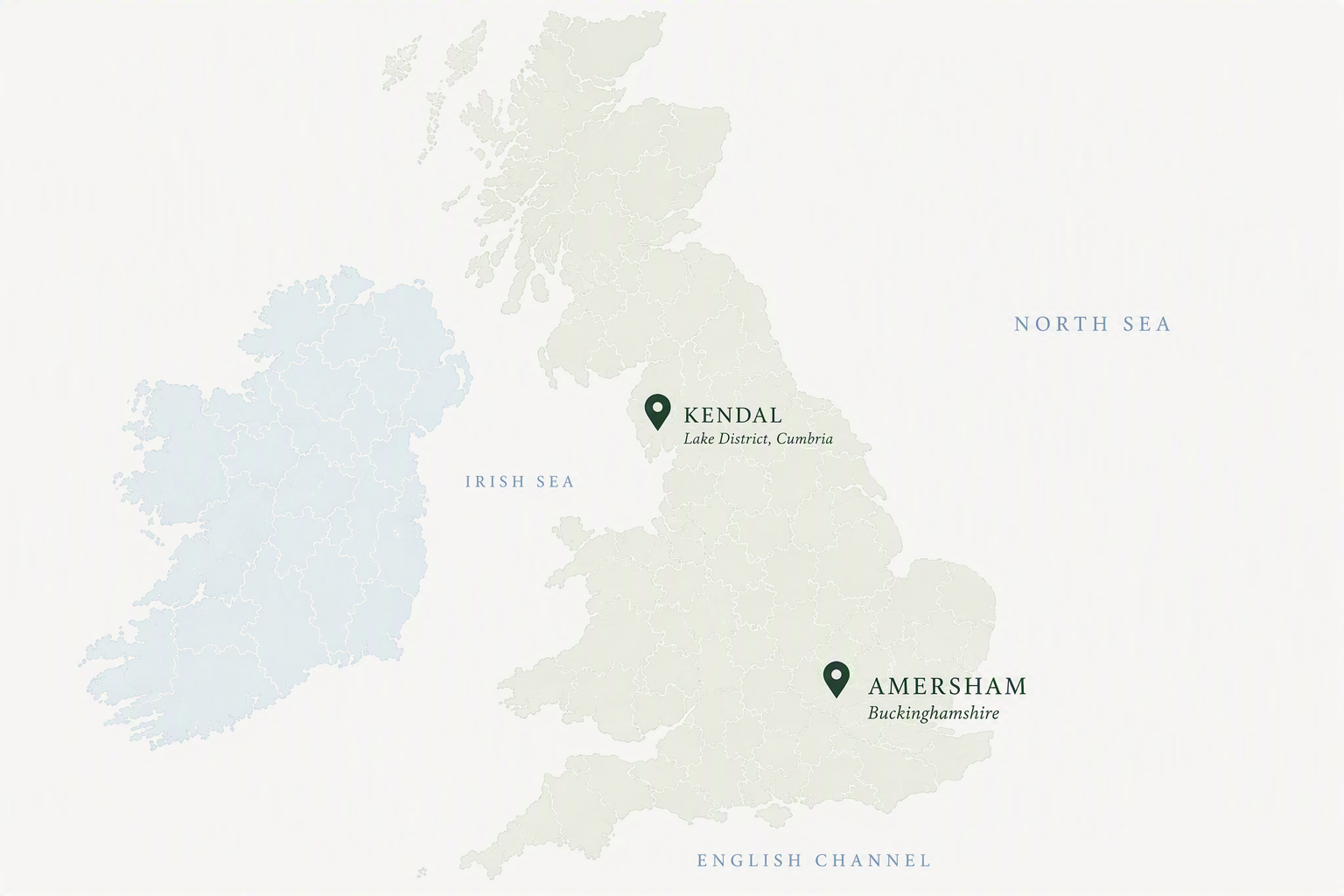 Map of the United Kingdom showing two working locations of the business: Kendal in Lake District, Cumbria, and Amersham in Buckinghamshire.