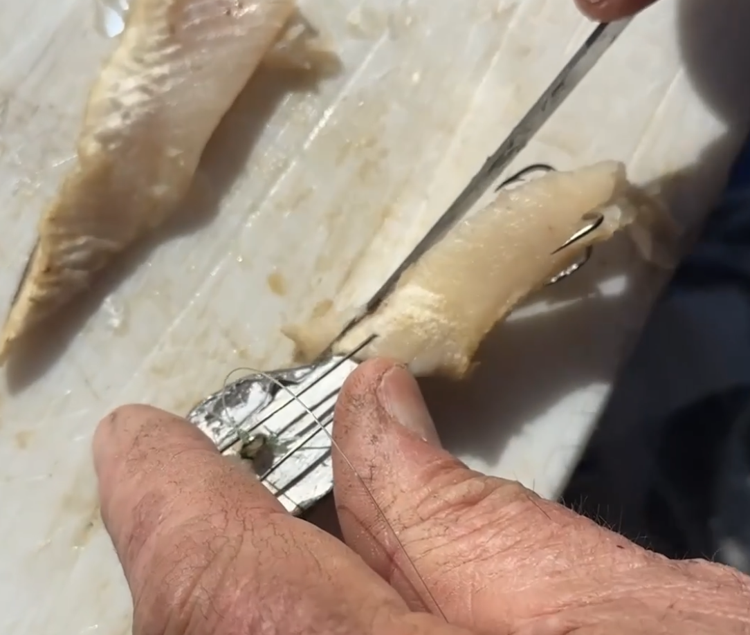 A person is using a needle and thread to sew a piece of fish along the edge on a kitchen counter.