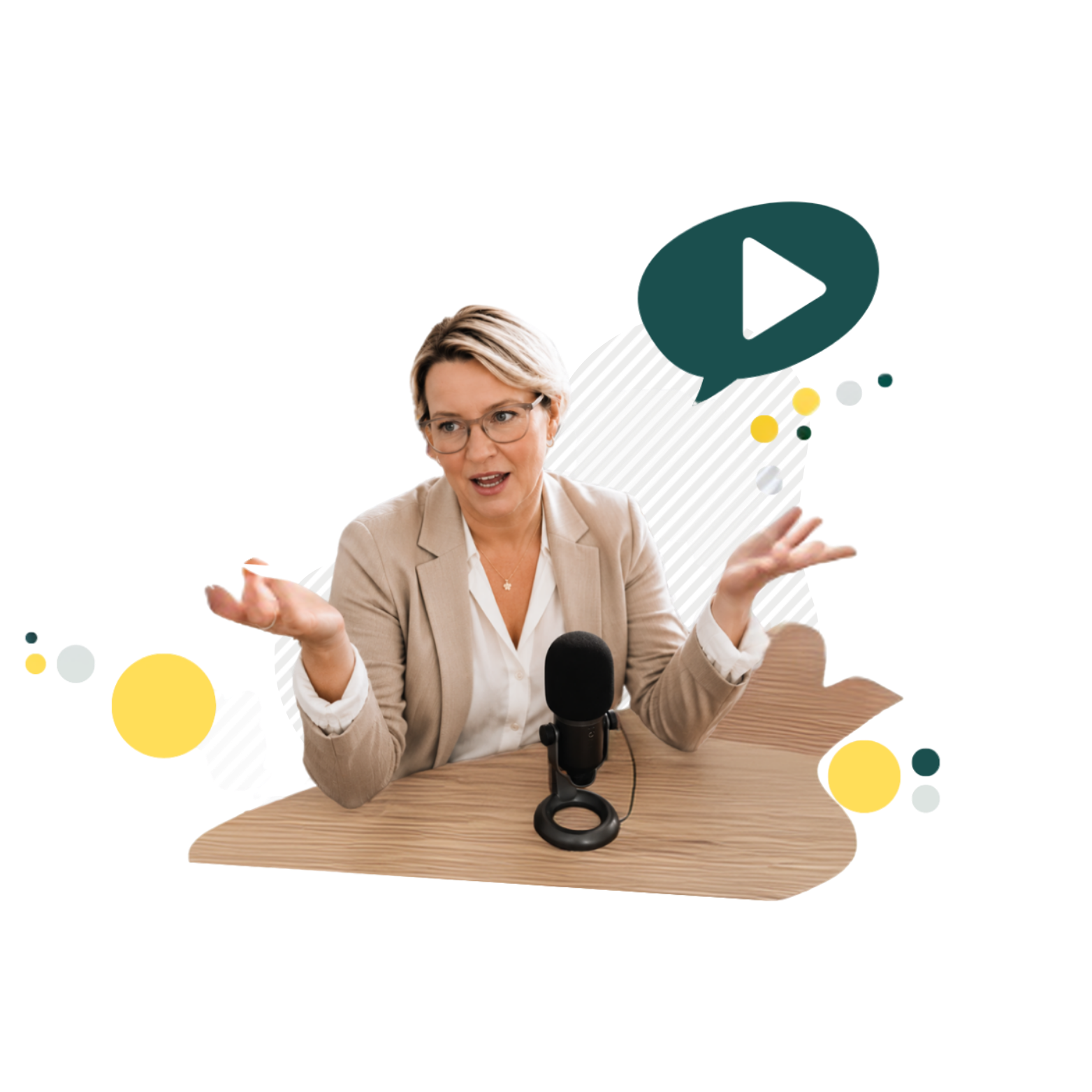 A woman in a beige blazer and glasses talking into a microphone at a podcast recording session, surrounded by graphic elements including a yellow speech bubble with a vintage microphone icon, a blue play button, and a speech bubble with the word 'Podcast' written inside.