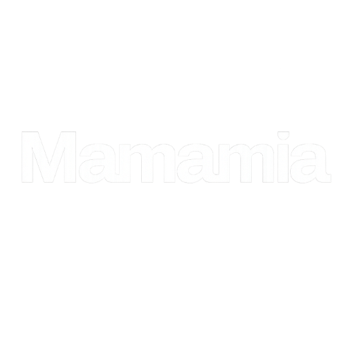 word 'Mamamia' written in white lowercase letters inside featuring their logo