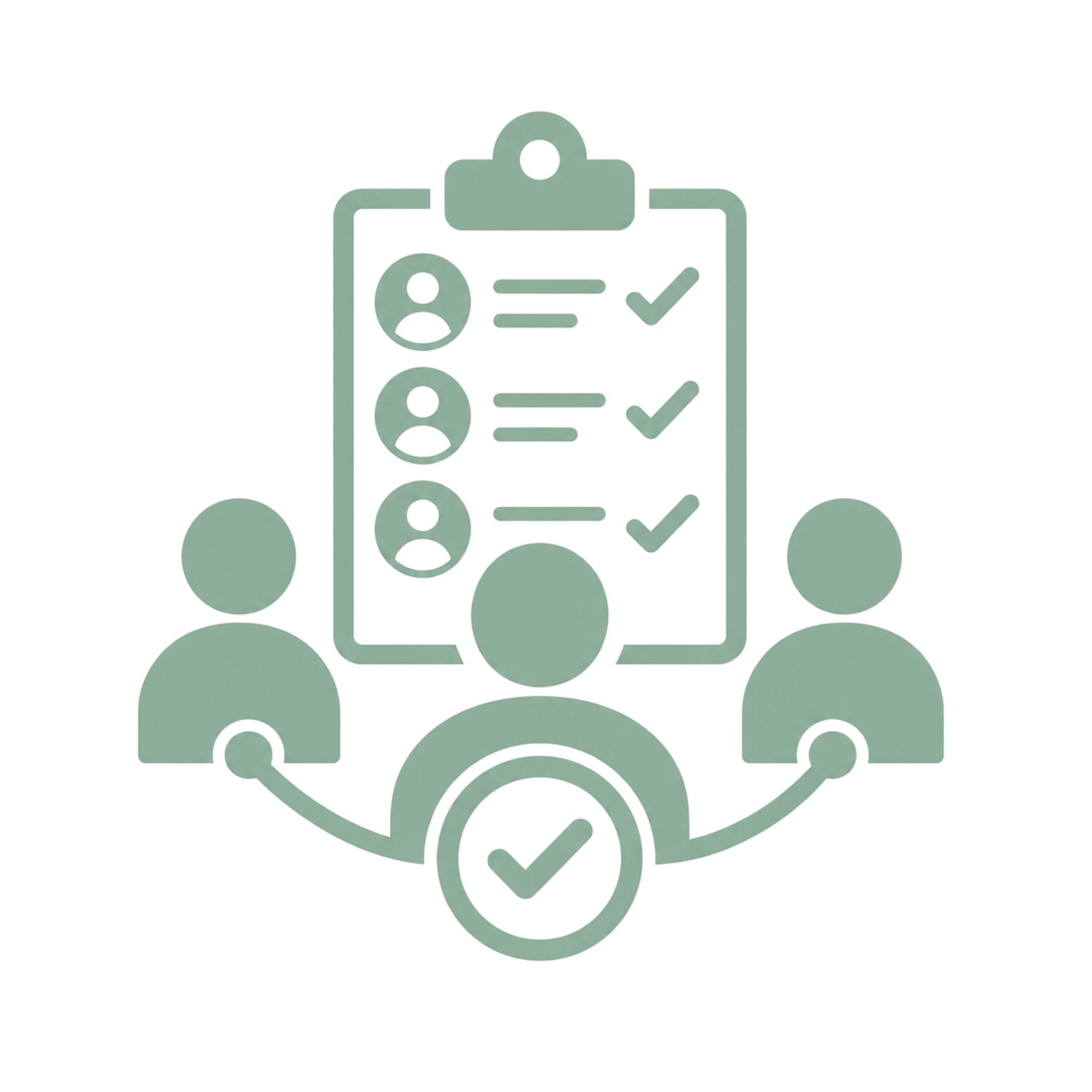 Illustration of a clipboard with a checklist and user icons, surrounded by people, representing team management or task organization.