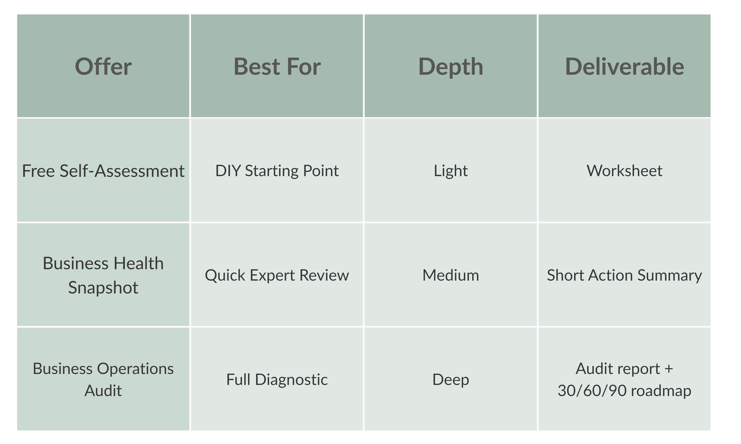 A table comparing different business services, including offer types, best uses, depth of review, and deliverables, with categories such as self-assessment, snapshot, full diagnostic, and audit, along with summaries like worksheet, short action plan, deep review, and roadmap.