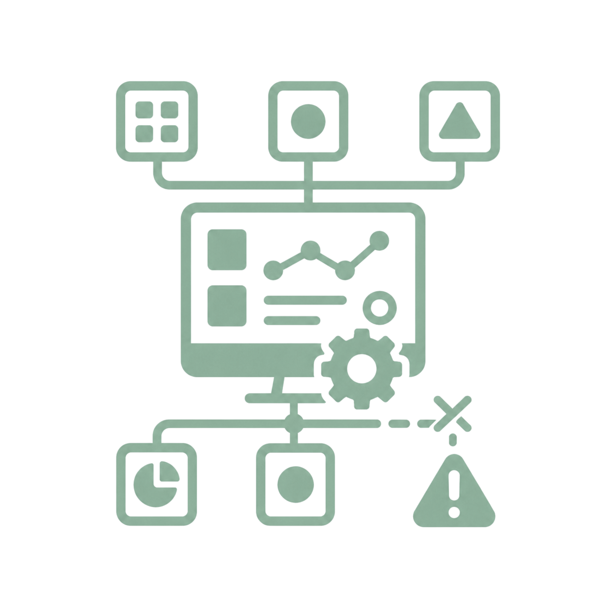 A digital illustration of interconnected technology icons, including a group of people, a single person, a laptop with a gear, and a molecular structure, connected through lines and arrows.