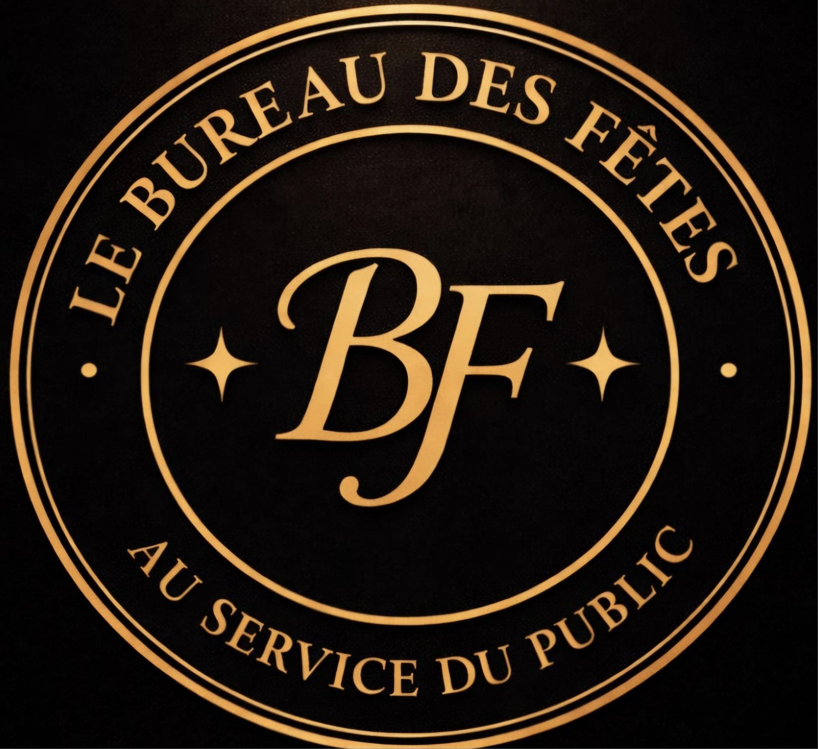 Logo circulaire avec le texte 'Le Bureau des Fêtes' en haut, 'Au Service du Public' en bas, et un grand initial 'B' au centre, sur un fond noir avec des accents dorés.