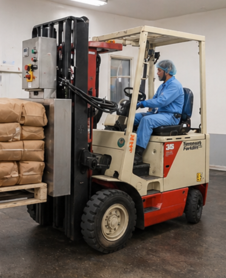 Warehouse handling of bulk dry mix ingredients using forklift in food manufacturing facility