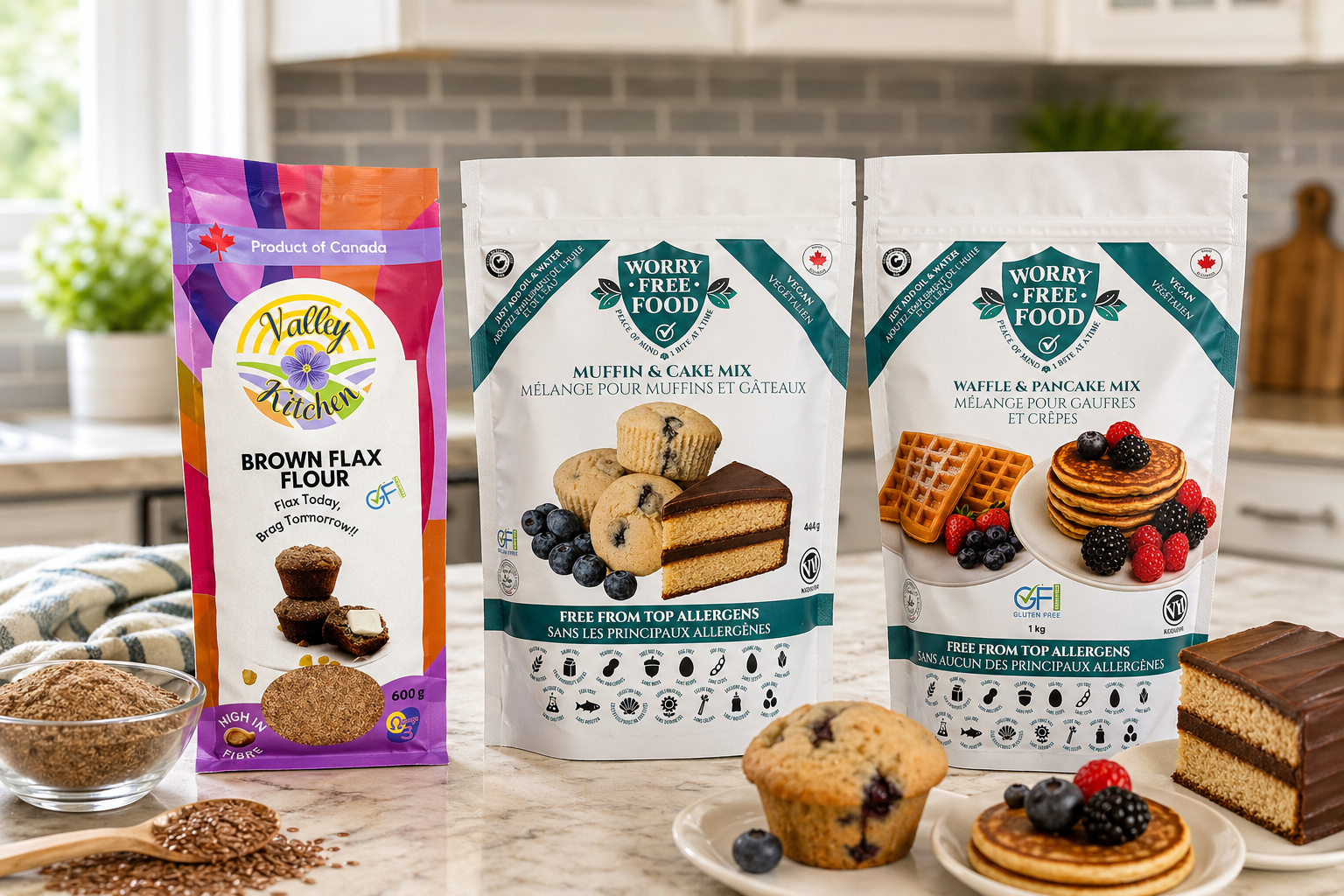 Top allergen-free baking mixes on kitchen countertop including pancake mix, muffin mix, and flax flour in Canada Worry Free Food Valley Flax