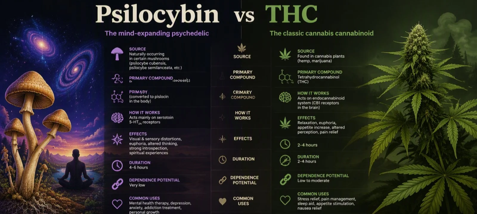 Psilocybin vs THC: Effects and Leveling