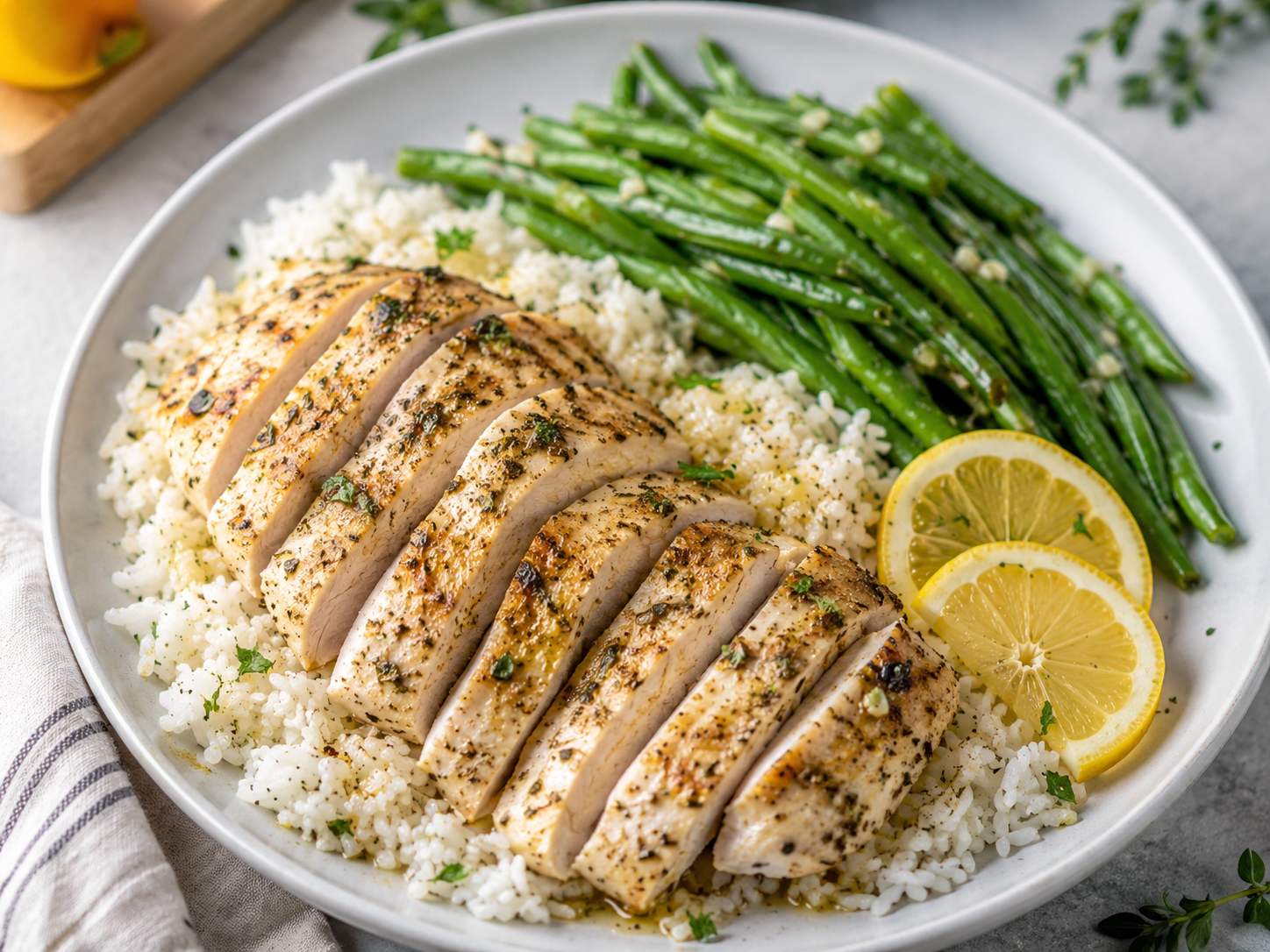 Lemon Herb Chicken with Rice &amp; Green Beans