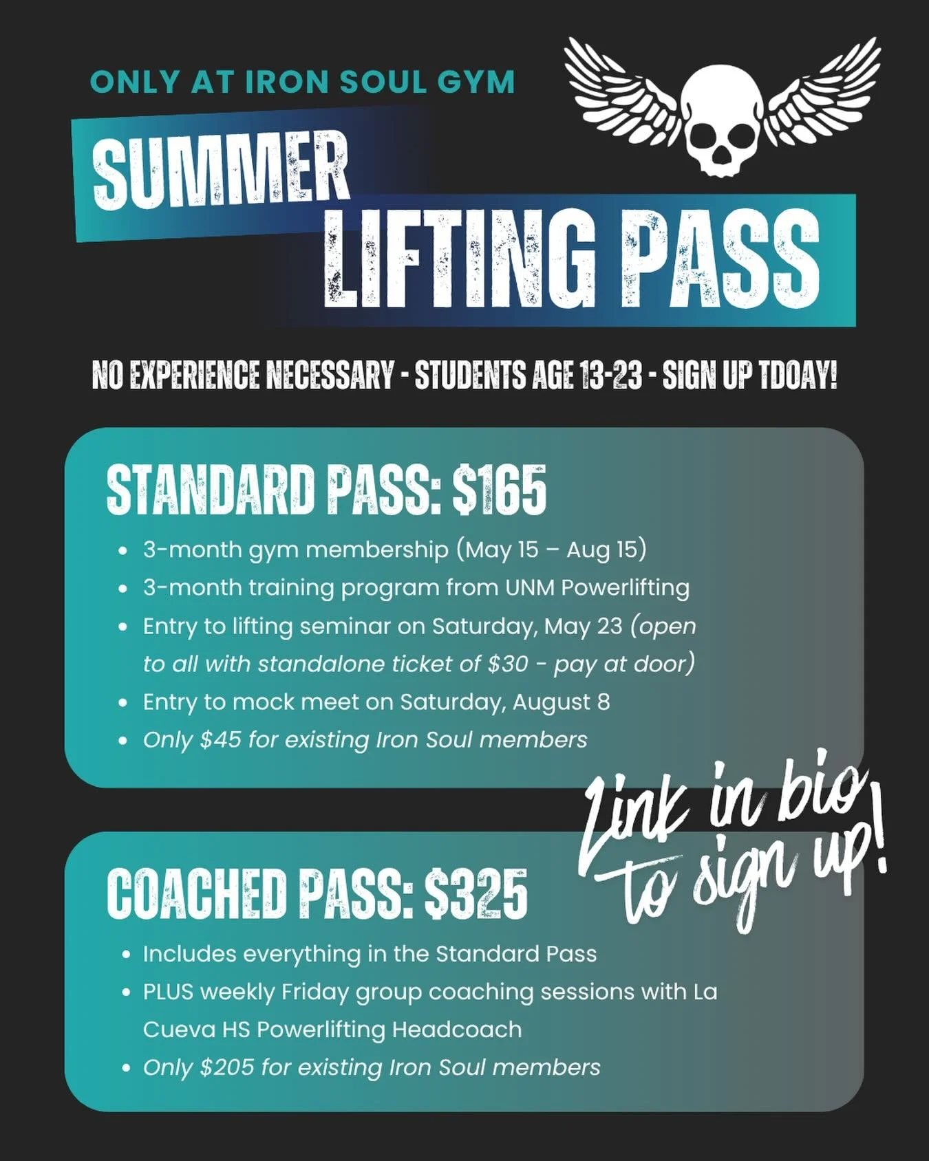 Summer break is ALMOST here. So look no further for strength plans for you and your kids.

The Summer Lifting Pass at Iron Soul Gym starts May 15th. Get 3 months of gym access PLUS tons of perks - all for one price.

💥 Standard Pass: gym + program +